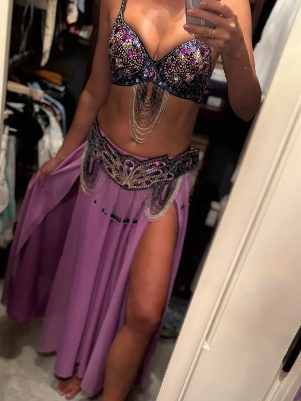 Belly Dancer Costume with Beaded Bra & Belt and Full Circle Skirt